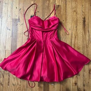 Blondie Nites Hot Pink Satin Dress with Spaghetti Straps